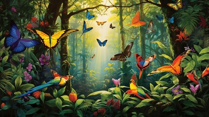 Fototapeta na wymiar a painting of a forest filled with lots of colorful butterflies. generative ai