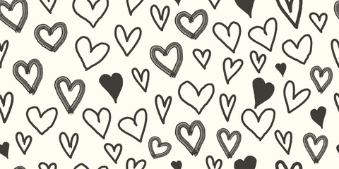 Fototapeta na wymiar Love, hearts seamless pattern in 90s, 2000s style. Y2k doodle heart repeating print. Romantic endless texture. Valentine's Day background design. Cartoon vector illustration