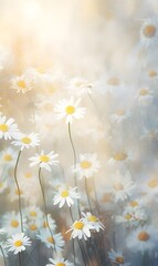 flower daisies background, summer, bright summer fresh flowers with dew drops, in blur, fog, flower background for phone, AI generated