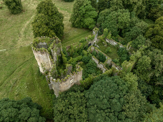 Aerial view of ruined and overgrown Buttevant or Barry's castle on the Awbeg river in County Cork...