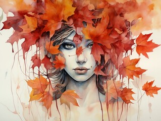 A woman in an autumn hand-drawn style. Autumn concept. Generative AI