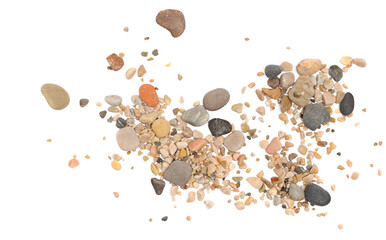 Colorful rounded sea pebbles and sand, rocks isolated on white, top view