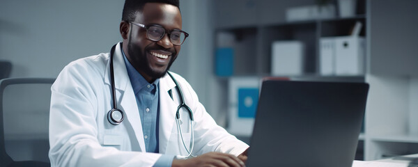 Afro American male doctor in uniform and stethoscope working on laptop in modern hospital - Powered by Adobe