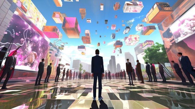 Photo of business digital and the metaverse, showcasing avatars engaged in virtual commerce and financial activities