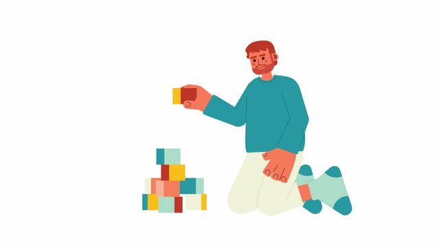 Happy bearded father playing with bricks 2D character animation. Bonding with kid flat cartoon 4K video, transparent alpha channel. Dad stacking constructor cubes animated person on white background