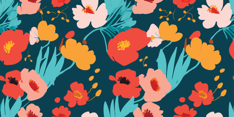 Hand drawn flowers, seamless patterns with floral for fabric, textiles, clothing, wrapping paper, cover, banner, interior decor, abstract backgrounds
