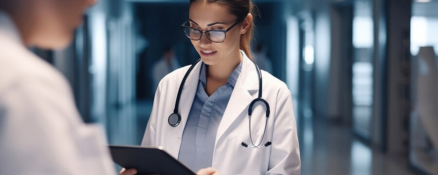 Portrait Of A Young Female Doctor With A Tablet Computer On Blurred Background Of A Hospital Corridor