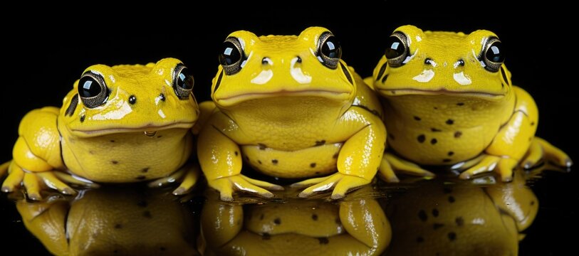 Three yellow frogs are sitting on a black background. Generative AI image.