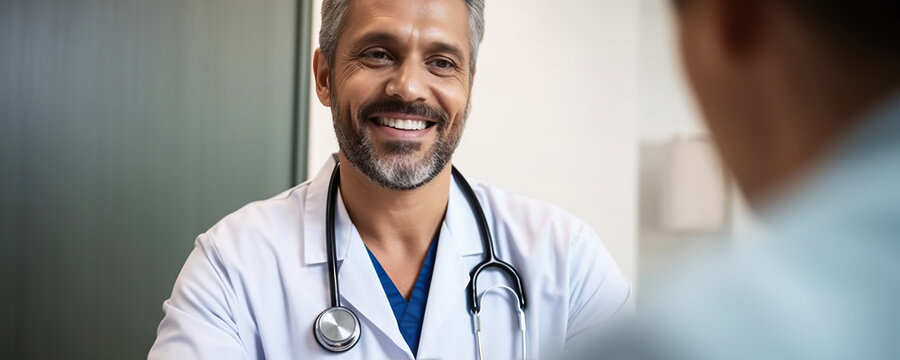 Smiling Male Doctor Communicating With A Patient In His Medical Office