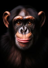 Animal face portrait of an african chimpanzee in a black backdrop conceptual for frame