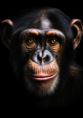 Animal face portrait of a wild chimpanzee in a dark backdrop conceptual for frame