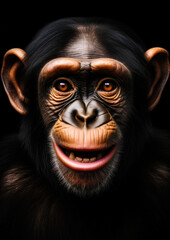 Fototapeta premium Animal photography of a wild chimpanzee in a dark backdrop conceptual for frame