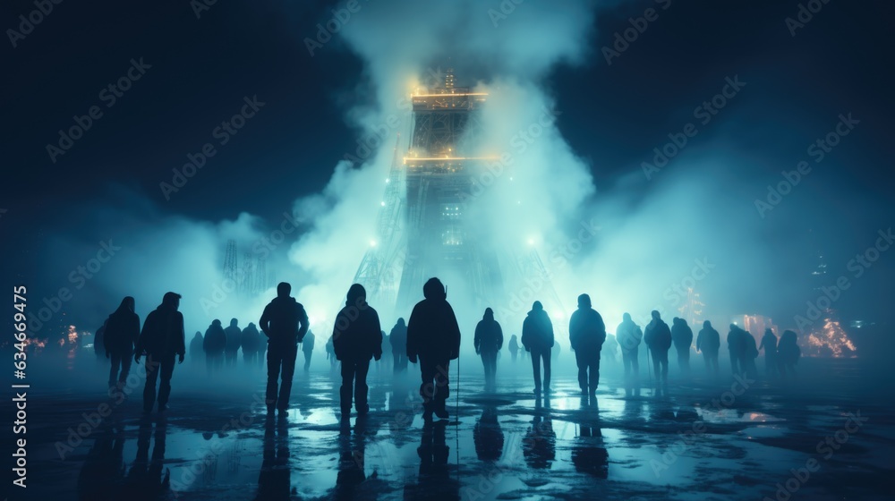 Aufkleber a group of people standing in front of a tower. generative ai image.