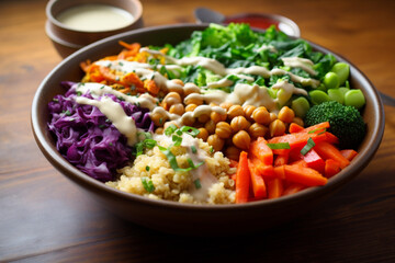 Buddha bowl with brown rice quinoa chickpeas vegetable.  