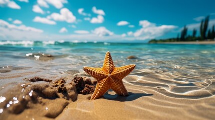 Fototapeta na wymiar Tropical coast and seascape with clear water and starfish. Summer vacation, vacation, travel, tropical countries. Generative AI.