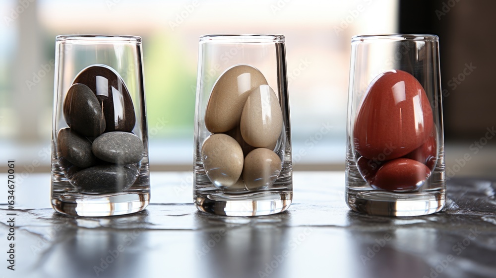 Poster three glass vases with different colored rocks in them. generative ai image.