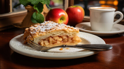 A cup of coffee and a piece of apple strudel on a table in a cafe