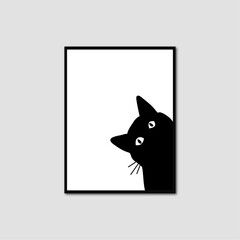 Vector illustration of cute black cat in wall frame.
