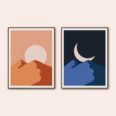 Vector illustration of sun and moon on desert mountain landscape for wall frame design.
