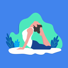 Vector illustration of young girl doing swan pose yoga exercise.
