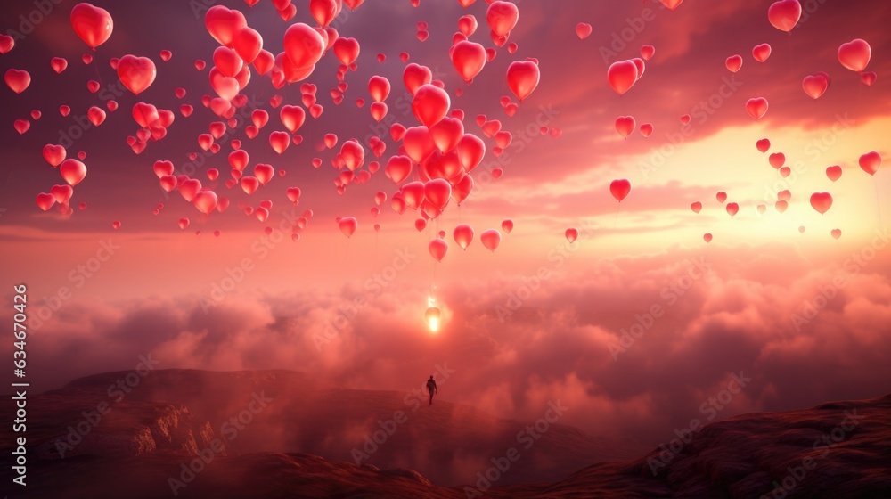 Sticker A man standing on a hill with red balloons floating in the sky. Generative AI image.