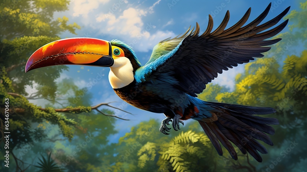 Poster a bird with a colorful beak flying through the air with trees in the background. generative ai