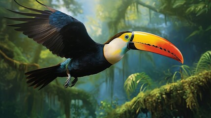  a bird with a colorful beak flying through the air over a forest.  generative ai