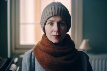 Frau trägt Winterkleidung in der kalten Wohnung - obrazy, fototapety, plakaty