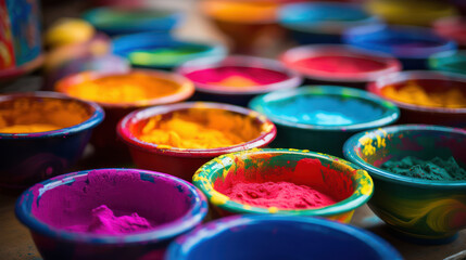 bowls with colorful Holi paints
