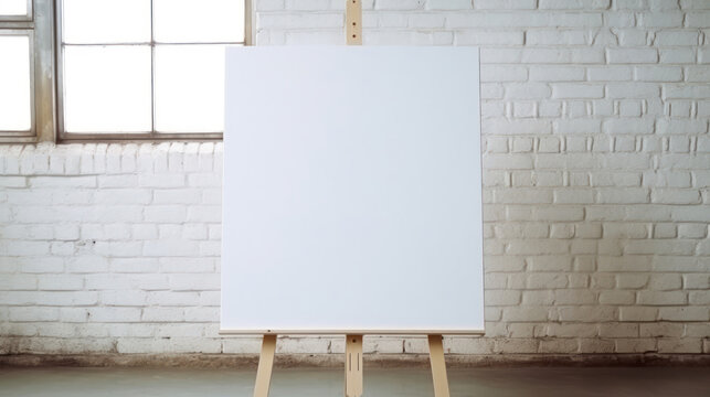 Blank canvas on wooden easel near white brick wall