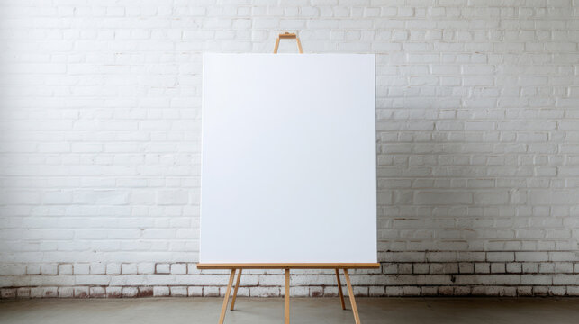 Blank canvas on wooden easel near white brick wall
