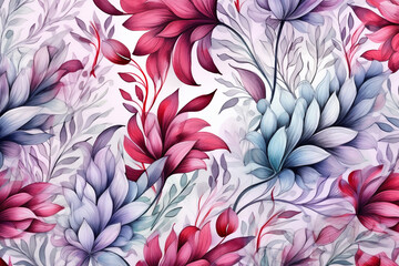 Hand drawn seamless floral pattern on blurred background.  