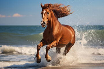 horse running along the sea.  