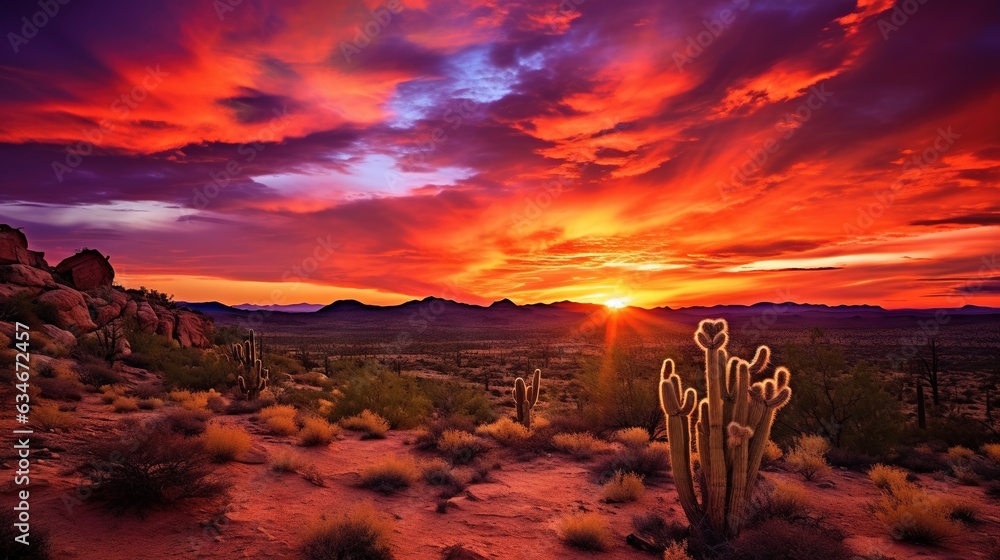 Poster a sunset in the desert with a cactus in the foreground. generative ai