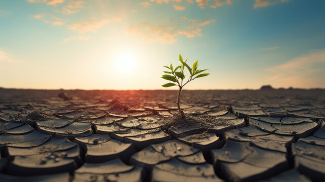 Lone tree sprouts on parched earth symbolizing climate crisis 