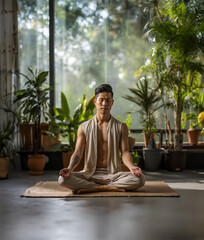 Healthy serene man meditating at home with eyes closed, relaxing body and mind sitting on floor in living room. Mental health and meditation for no stress. 