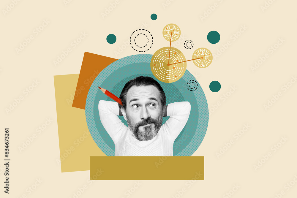 Sticker Creative collage portrait of black white effect minded man arms behind head pencil ear brainstorming isolated on drawing beige background