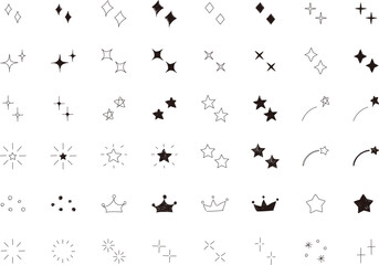 手書きのベクターのキラキラ・星セット　かわいい　白黒　黒　Hand drawn vector shining set.　Hand drawn cute black star collection.