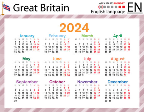 English horizontal pocket calendar for 2024. Week starts Monday