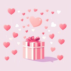 Gift box and flying valentines hearts symbols love in shape heart for Happy Womens, Valentines and Mothers day, birthday greeting card design Generative AI