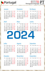 Portuguese vertical pocket calendar for 2024. Week starts Monday