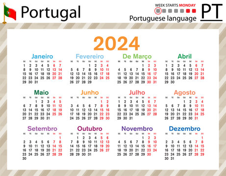 Portuguese horizontal pocket calendar for 2024. Week starts Monday
