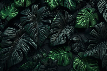 black jungle palm leaf green nature tree background colourful tropical forest. Generative AI.