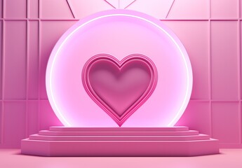 Heart on stage podium with pink lighting Happy valentines day 3d rendering heart shaped celebration lovers day in February 14th abstract studio design Generative AI