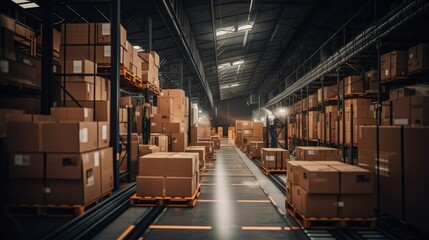 Cardboard boxes on a conveyor belt inside a logistics warehouse, concept of logistics and ecommerce. Generative AI