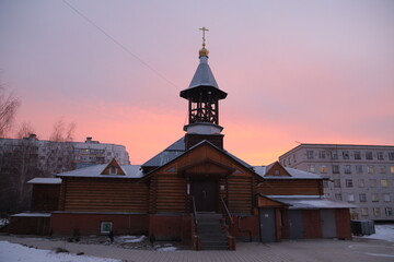 church in winter at dawn