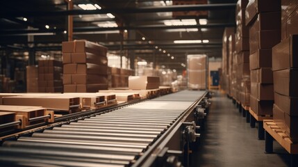 Cardboard boxes on a conveyor belt inside a logistics warehouse, concept of logistics and ecommerce. Generative AI