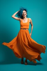 Photo of a woman with blue hair wearing an orange dress created with Generative AI technology