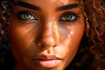 Close-up realistic portrait of young black beautiful woman with curly hair