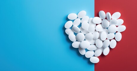 Medicine pills and heart on blue background, health care concept. Generative AI